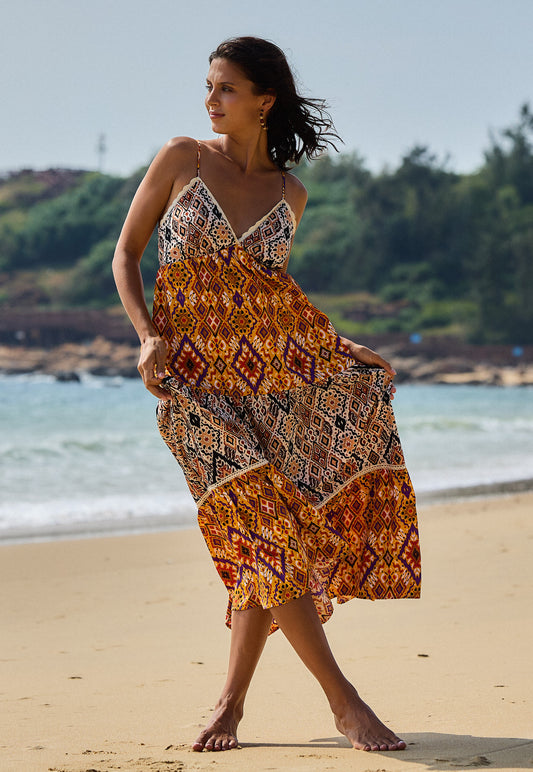 Robe longue sans manche imprimé bohème