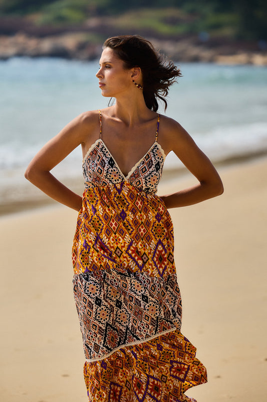 Robe longue sans manche imprimé bohème