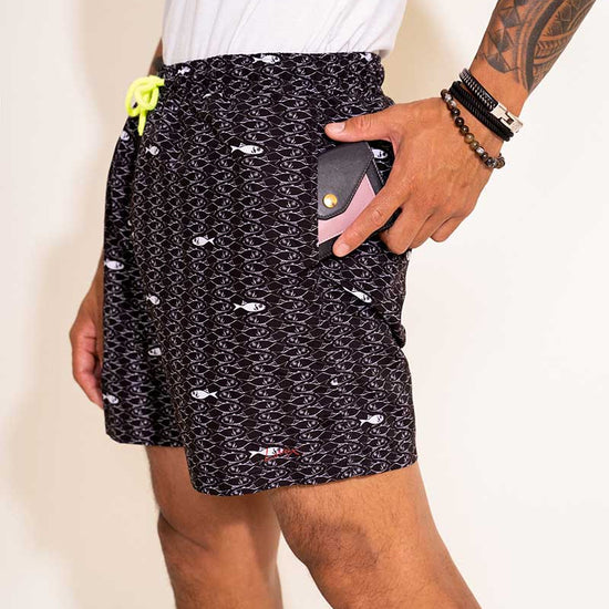 Short de bain Homme Noir Motif Poissons- Profil - Aulala