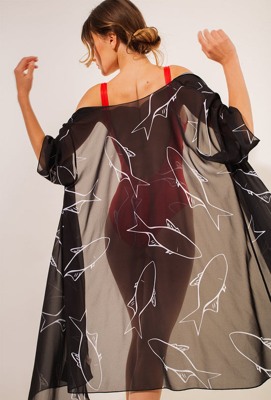 MONACO - Kimono artistique noir motif poissons blanc - AulalaXLorieux