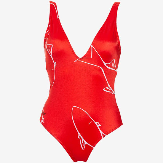 NewYork - Maillot une piece rouge motif poissons blanc- AulalaXLorieux 