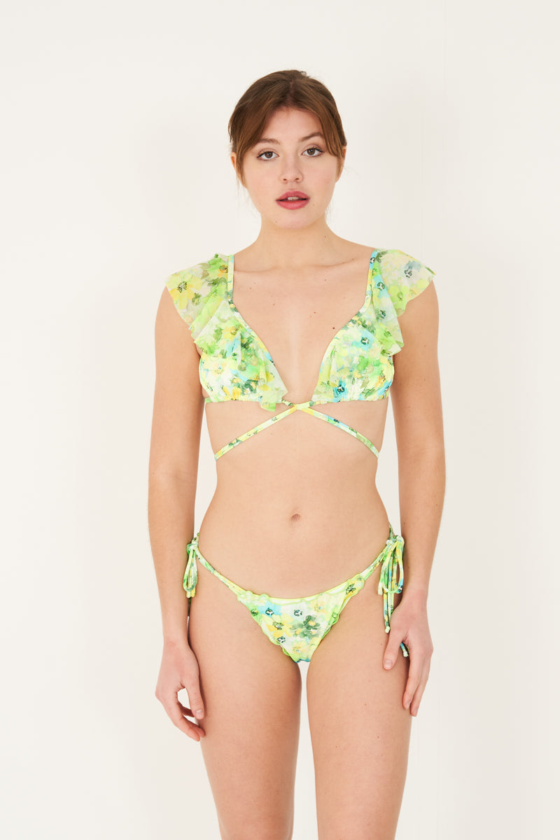 Bikini croisé à motif fleuri et volants