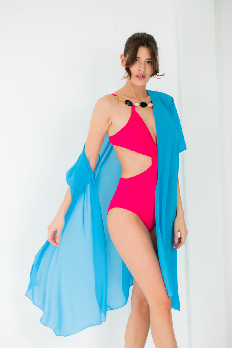 Kimono de plage transparent de couleur unie avec ceinture